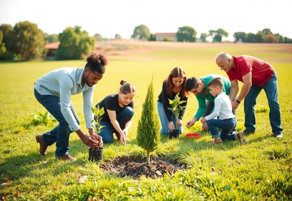 People planting trees in a sunny field, symbolizing environmental conservation.