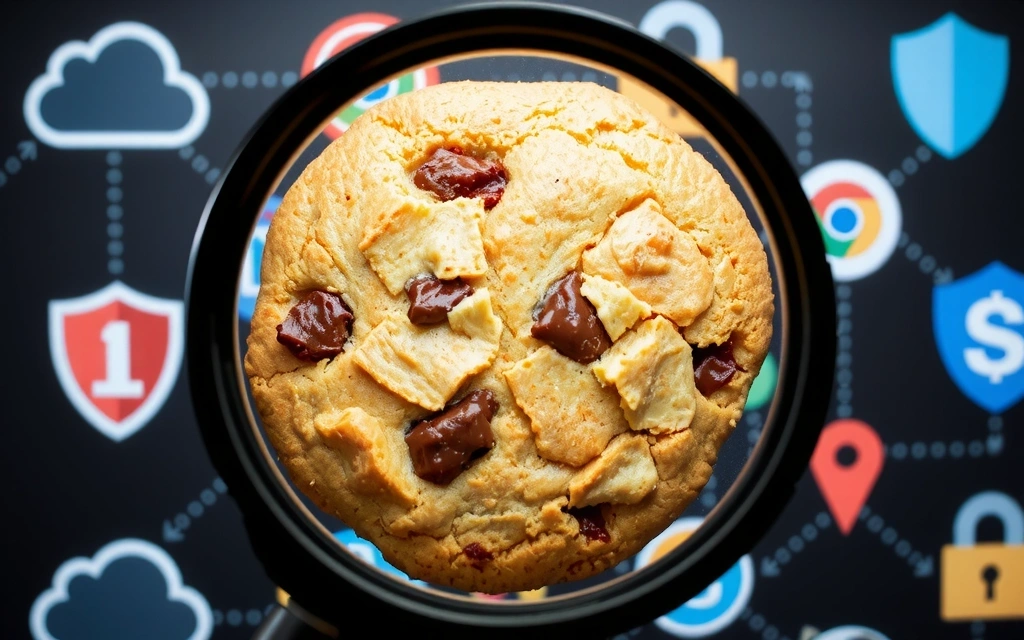 Magnifying glass over a cookie with privacy elements